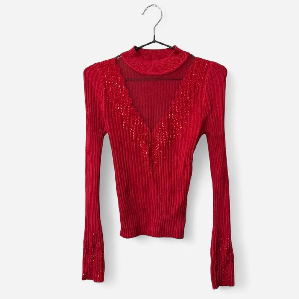 Y2K rare Guess red ribbed knit sweater with shiny rhinestone embellishments XS